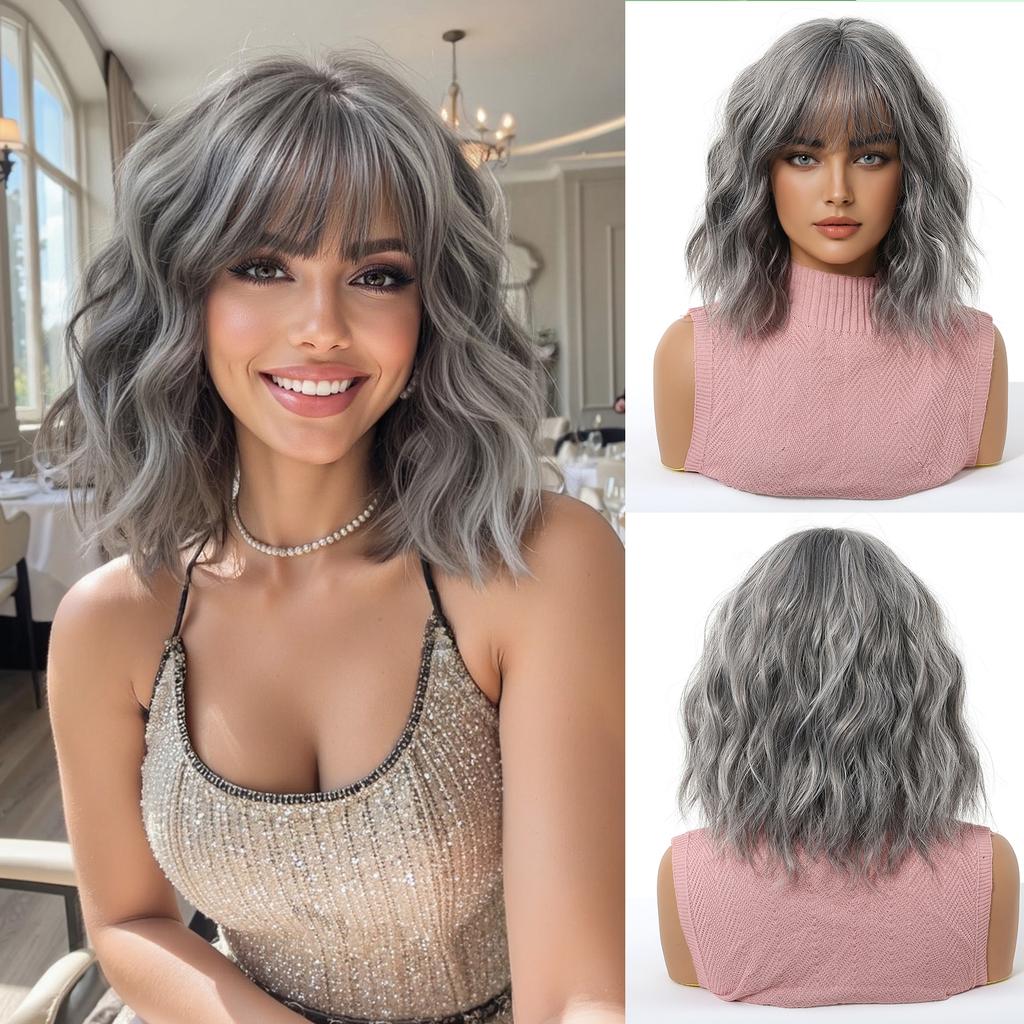 Pink Purple Mixed Blue Curly Wavy Synthetic Wigs with Bangs for Women Colorful Party Cosplay Natural Hair Wig Heat Resistant Use