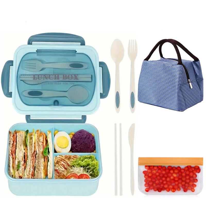Fächer Kunststoff Bento Box Wiederverwendbar Pp Kunststoff Tiffin Kinder Lunchbox mit Besteck und Handtasche Bento Boxen für Kind Erwachsener