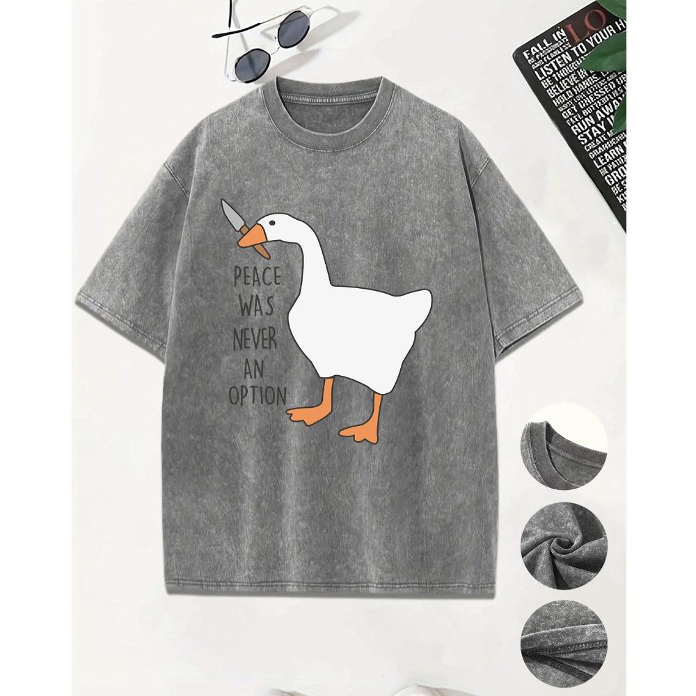 Peace Was Never An Opiton Cartoon Duck With Knife Washed Tee Shirts Men Summer Cotton T Shirt Short Sleeve