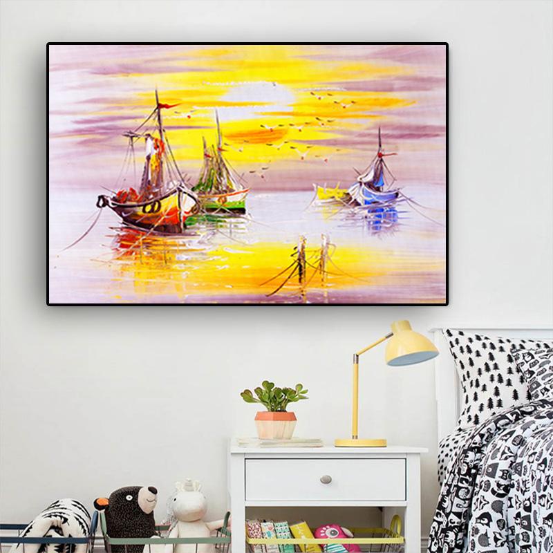 Sun and Ocean Boat Painting Poster Printed On Canvas, Living Room Wall, Pop Art Home Decoration