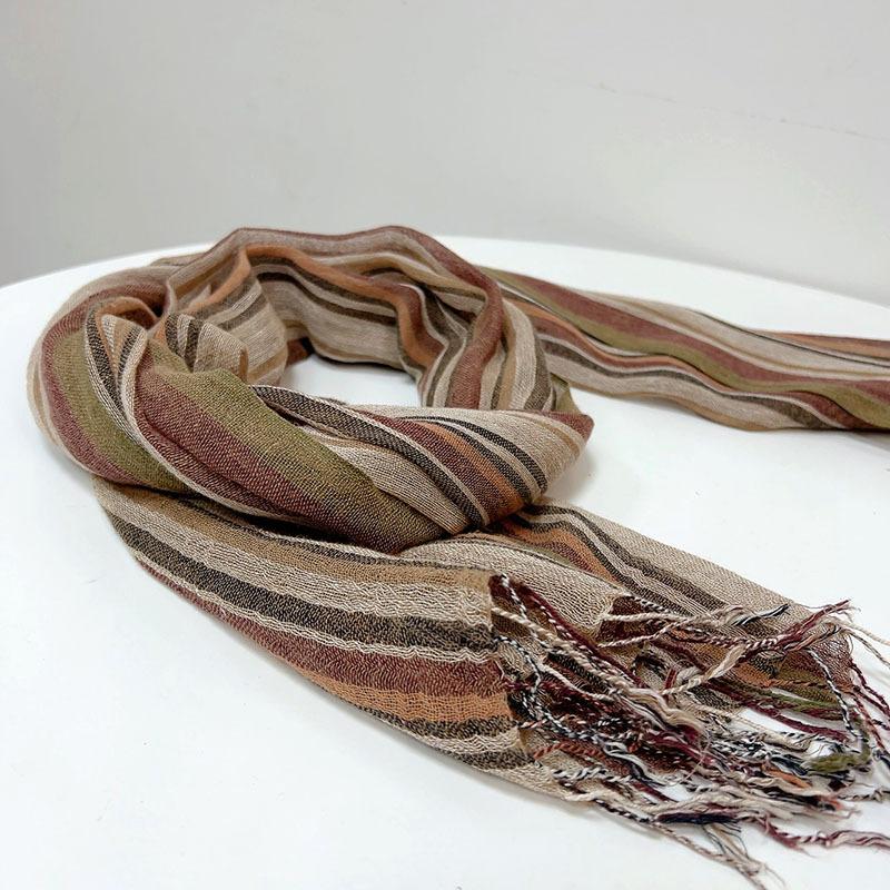 Fashion Men's Cotton And Linen Striped Brown Scarf  Long Shawl Japanese Unisex Style Fashion Scarves