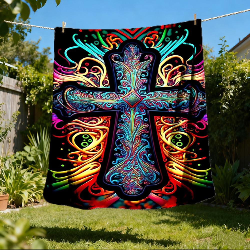 1pc Psychedelic Cross Throw Blanket Polyester Fiber, Lightweight Flannel, Soft & Warm, All Season Use for Outdoor, Camping Digital Print