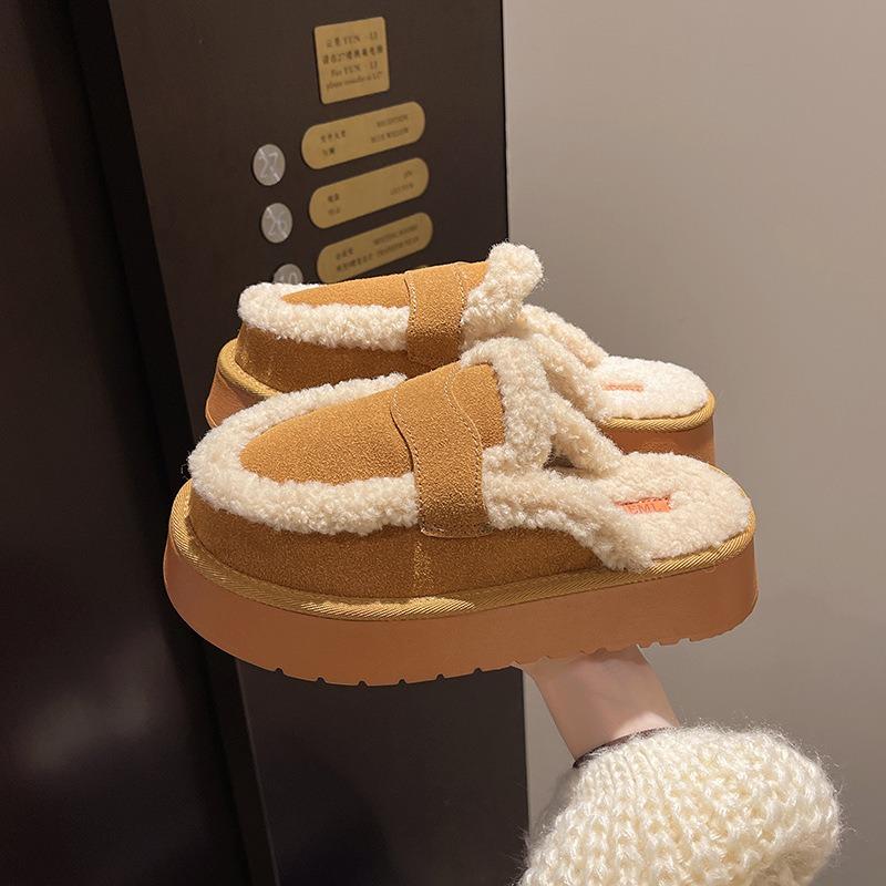 Fashion Fluffy Slippers Women's New Autumn and Winter Thick-bottomed Warm Bag Head Solid Color Half-tray Cotton Slippers