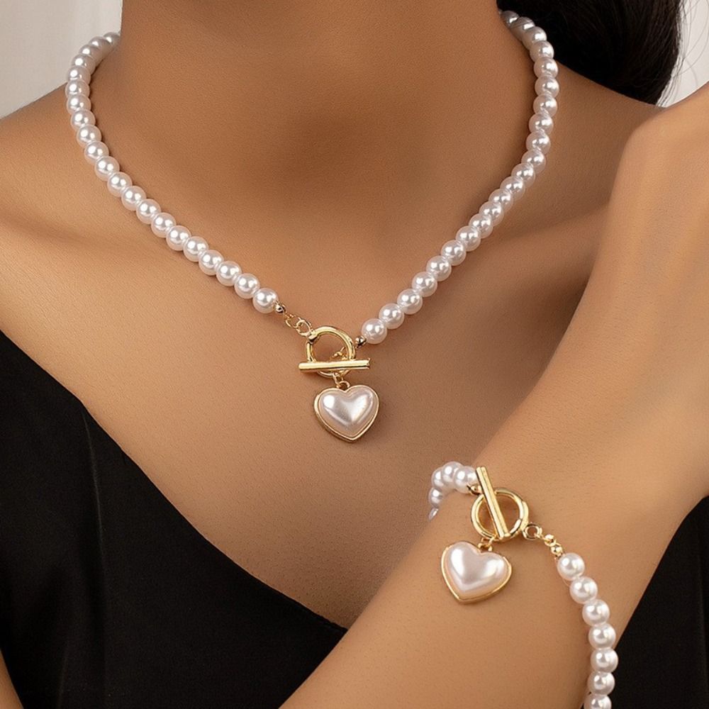 Beaded Heart Pendant Jewelry Set Crystal Pearl Necklace Set Necklace Bracelet Set  Wedding Party