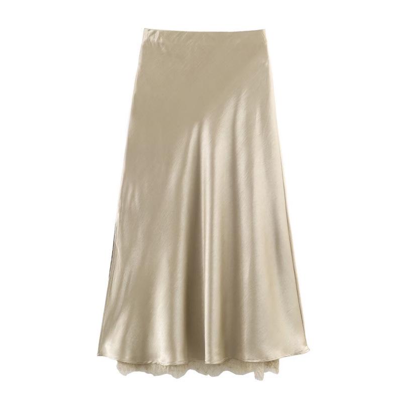 2026 European American Satin Lace Patchwork Slit Skirt