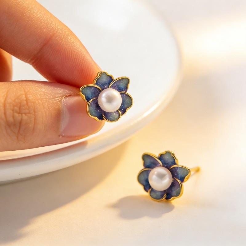 

Blue Purple Flower Pearl Exquisite Simple 925 Sterling Silver Jewelry Instagram style Temperament Earrings 3394 серебряный
