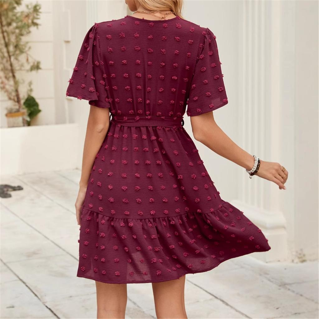 Summer New Solid Colour Short-sleeved Dress Women Ruffled Sleeves V-neck Waist Tie Short Skirt