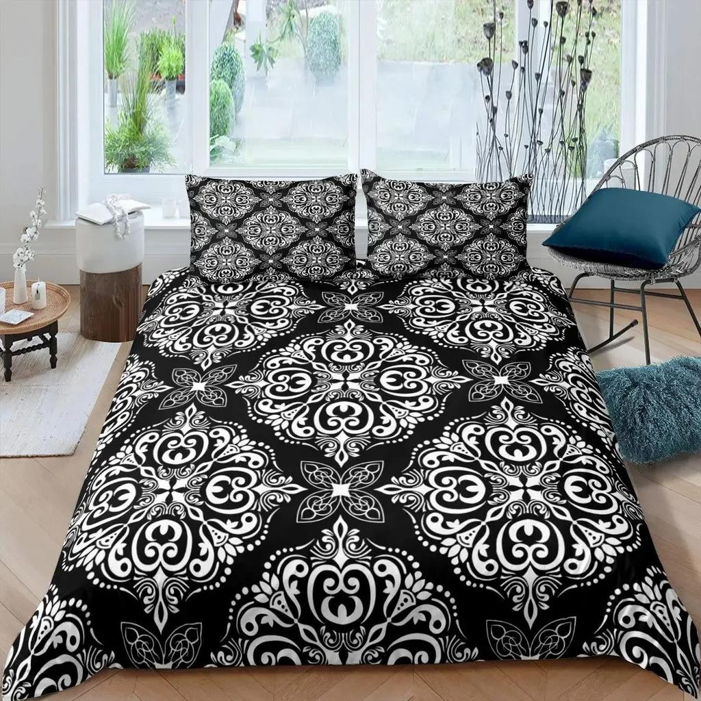 Adults Black Damask Duvet Cover Set King,Antique Victorian Baroque Bedding Set Gothic Vintage Floral Bohemian Exotic Quilt Cover