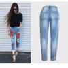 Women's Mid Rise Rose Floral Embroidery Straight Leg Jeans Distressed Cuffed Denim Pants Streetwear Casual Long Trousers