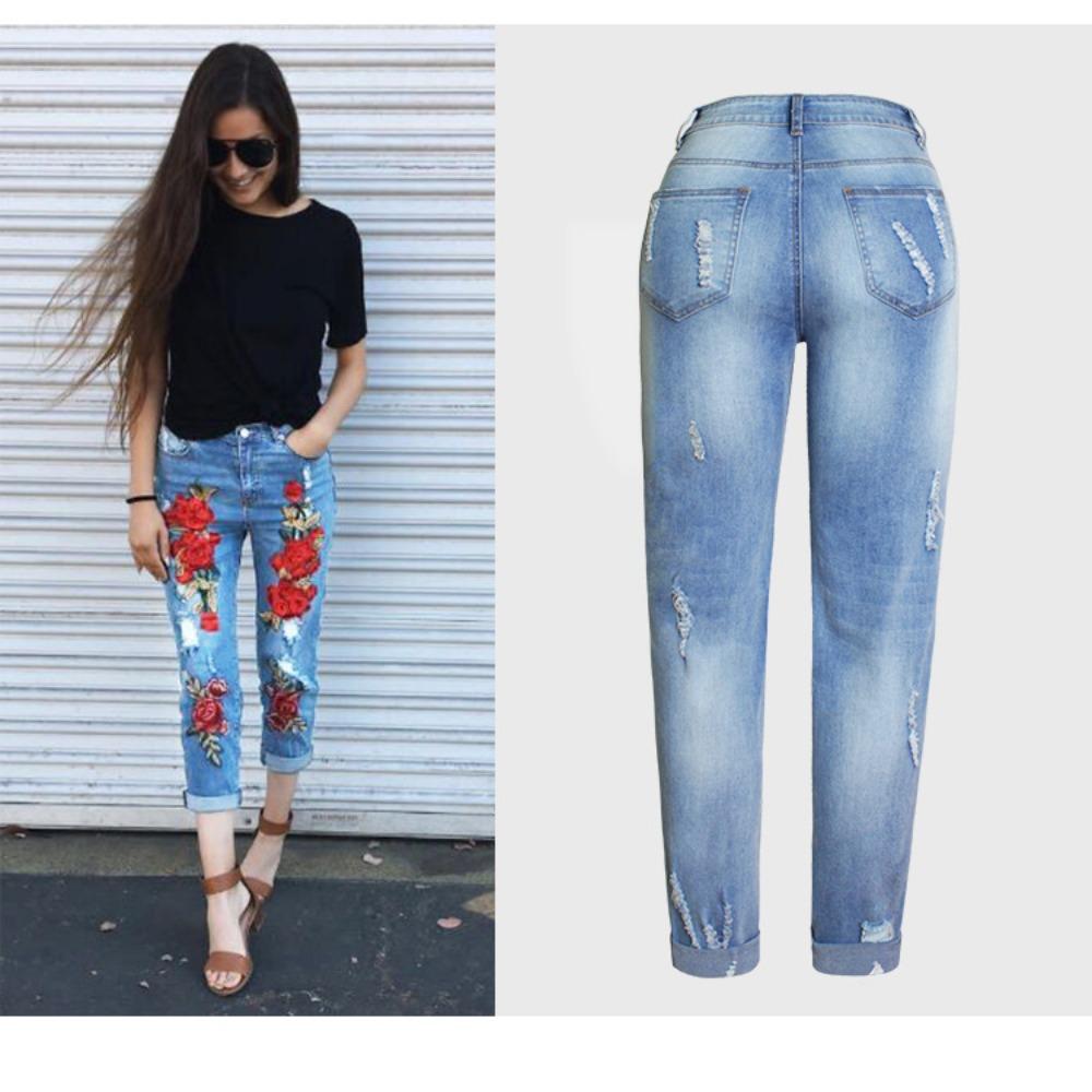 Women's Mid Rise Rose Floral Embroidery Straight Leg Jeans Distressed Cuffed Denim Pants Streetwear Casual Long Trousers