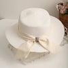 Straw Hat Lightweight Breathable Flat Top Wide Brim Sun Protection Hat Metal Buckle Ribbon Decorated Hat Summer Beach Hat