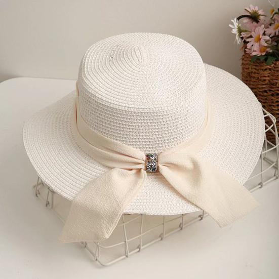 Straw Hat Lightweight Breathable Flat Top Wide Brim Sun Protection Hat Metal Buckle Ribbon Decorated Hat Summer Beach Hat