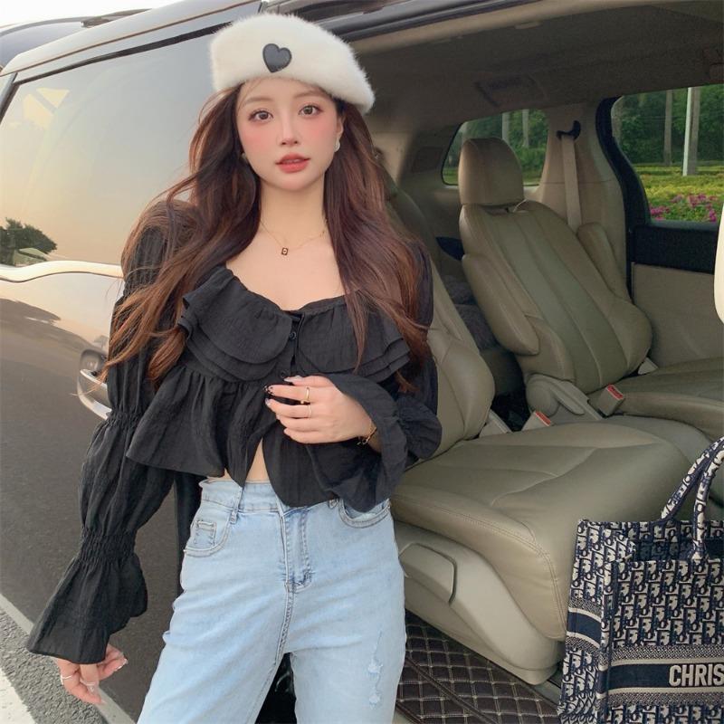 Sweet Temperament Square Neck Ruffled Bubble Sleeves Women's Shirt