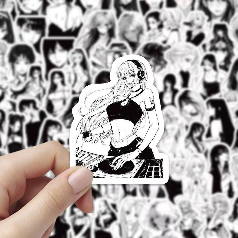 Anime Dívky Černobílé Samolepky, 100 kusů (neopakováno), voděodolný a opalovací krém.