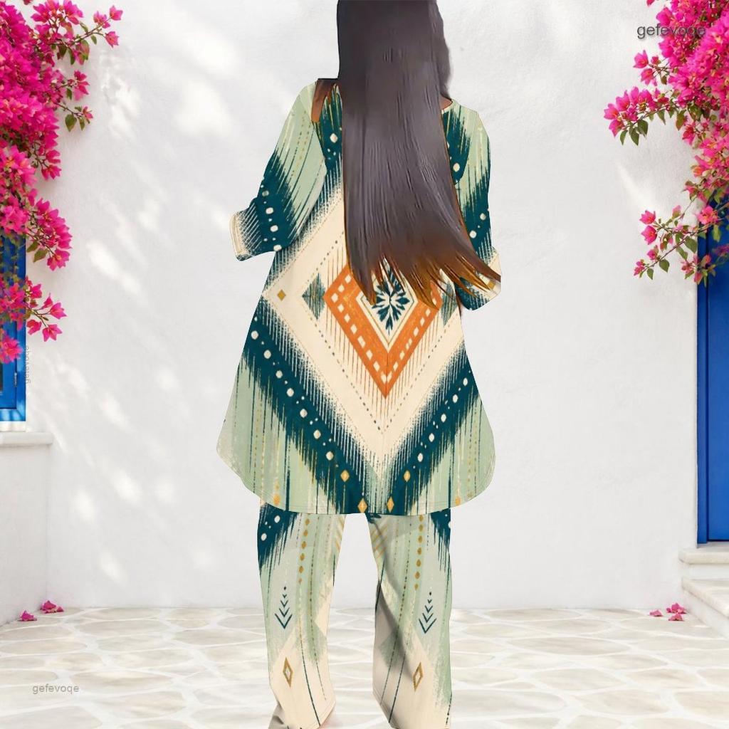 Women Plus Size Round Neck Printed Long Sleeve Layered Top Long Pants Two Piece Set