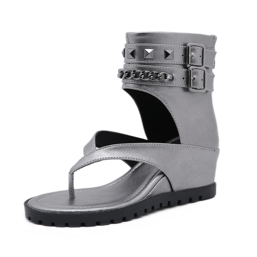 Fashion Retro Wedge Sandals Women's Summer Chain Belt Buckle Toe Roman Shoes Cross-border Casual Internal Rubbing High Shoes