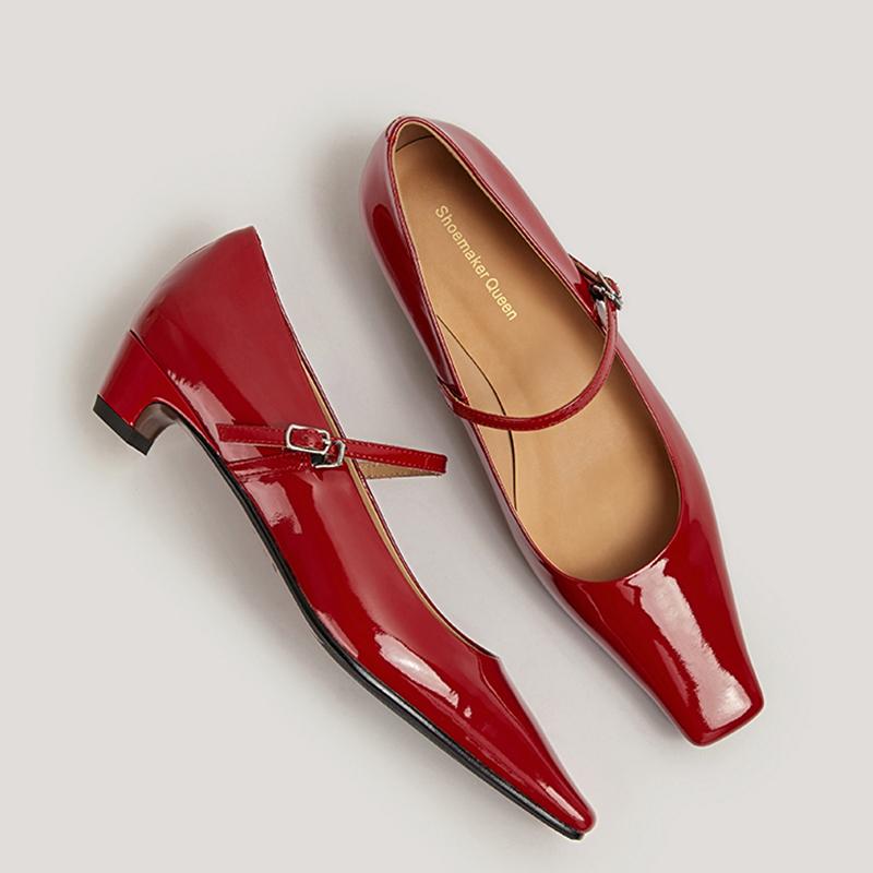

Дизайнерские лакированные женские туфли Мэри Джейн из кожи, модные туфли на низком каблуке для свадебной вечеринки на весну и осень 40 вино красного