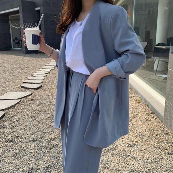2 ks/sada Lady Formal Coat Kalhoty Set Dlouhé rukávy Otevřený steh Kardigan Střední délka Bunda Volný Rovný Široká noha Kalhoty s vysokým pasem Formální Business