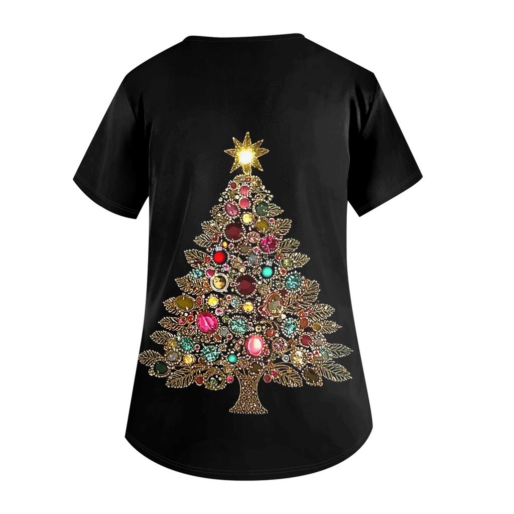 Women's V-neck Christmas Print Short-sleeved Pocket Side Slit Uniform Top