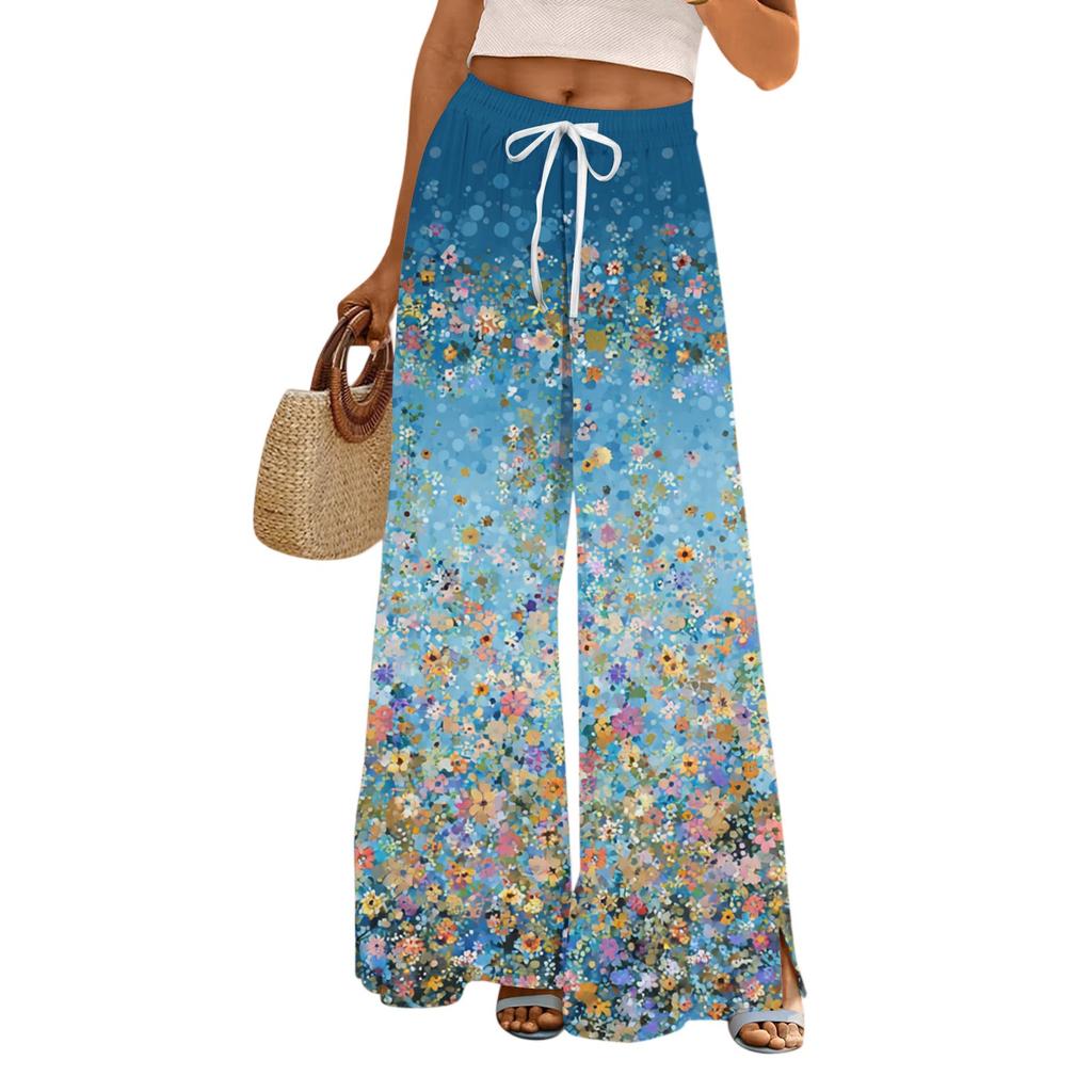 Women's Casual Wide Leg Pants Stretch Belt Pocket Floral Print Adjustable Tie Pants