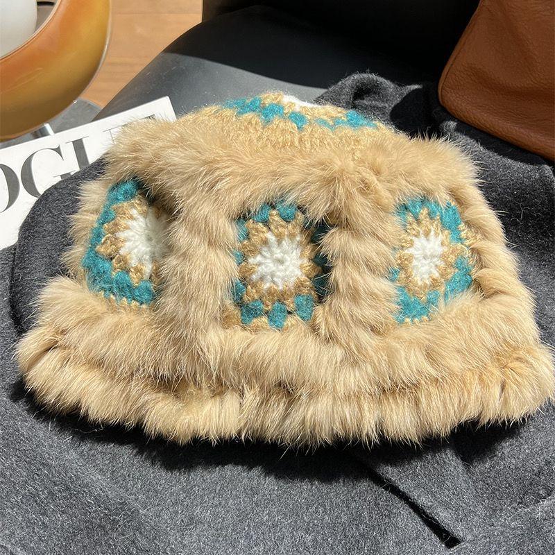 Rabbit Hat Women's Autumn and Winter New Tiger Head Lion Hat Fashion Warm Bucket Hat Fluff Woven Fur Hat