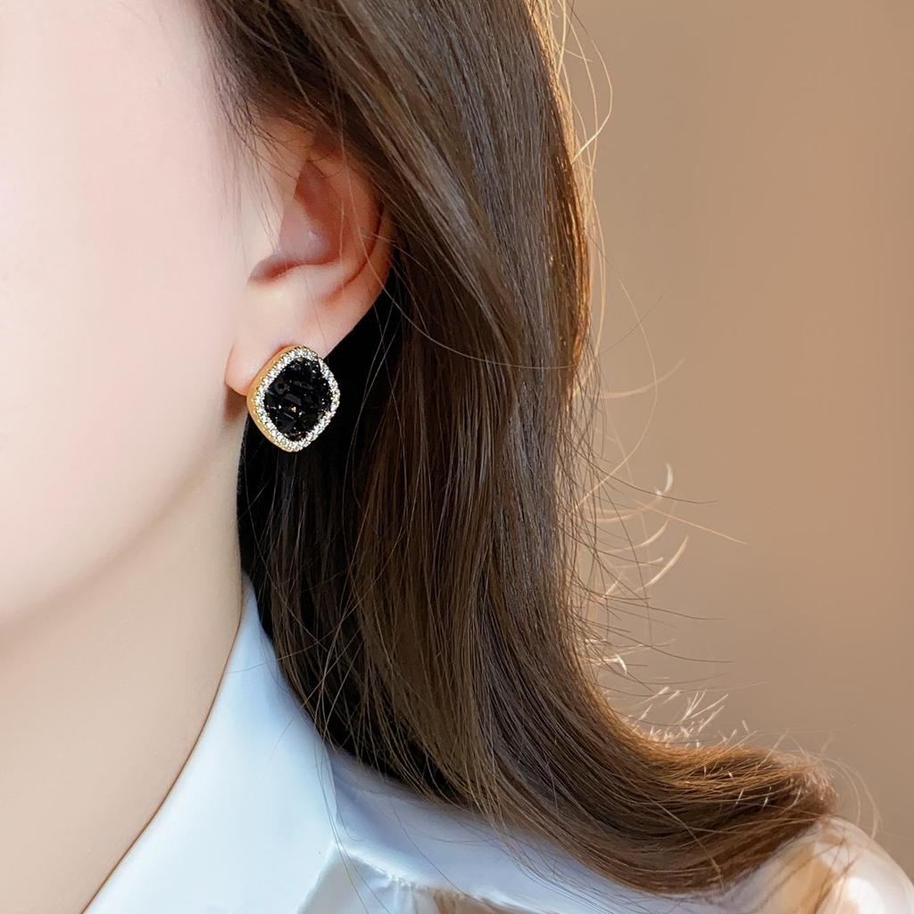 Geometric Black Zirconia Square Stud Earrings for Women - Elegant & Luxurious Ear Jewelry, New 2025 Style