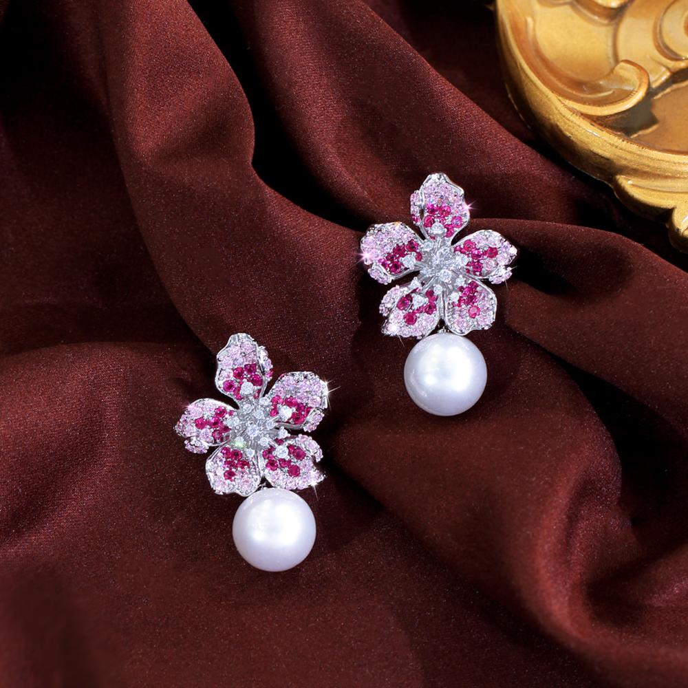 Zircons Exquisite Rose Red Cubic Zirconia Lovely Flower Dangle Drop Pearl Earrings for Women Chic Wedding Party Jewelry E1157