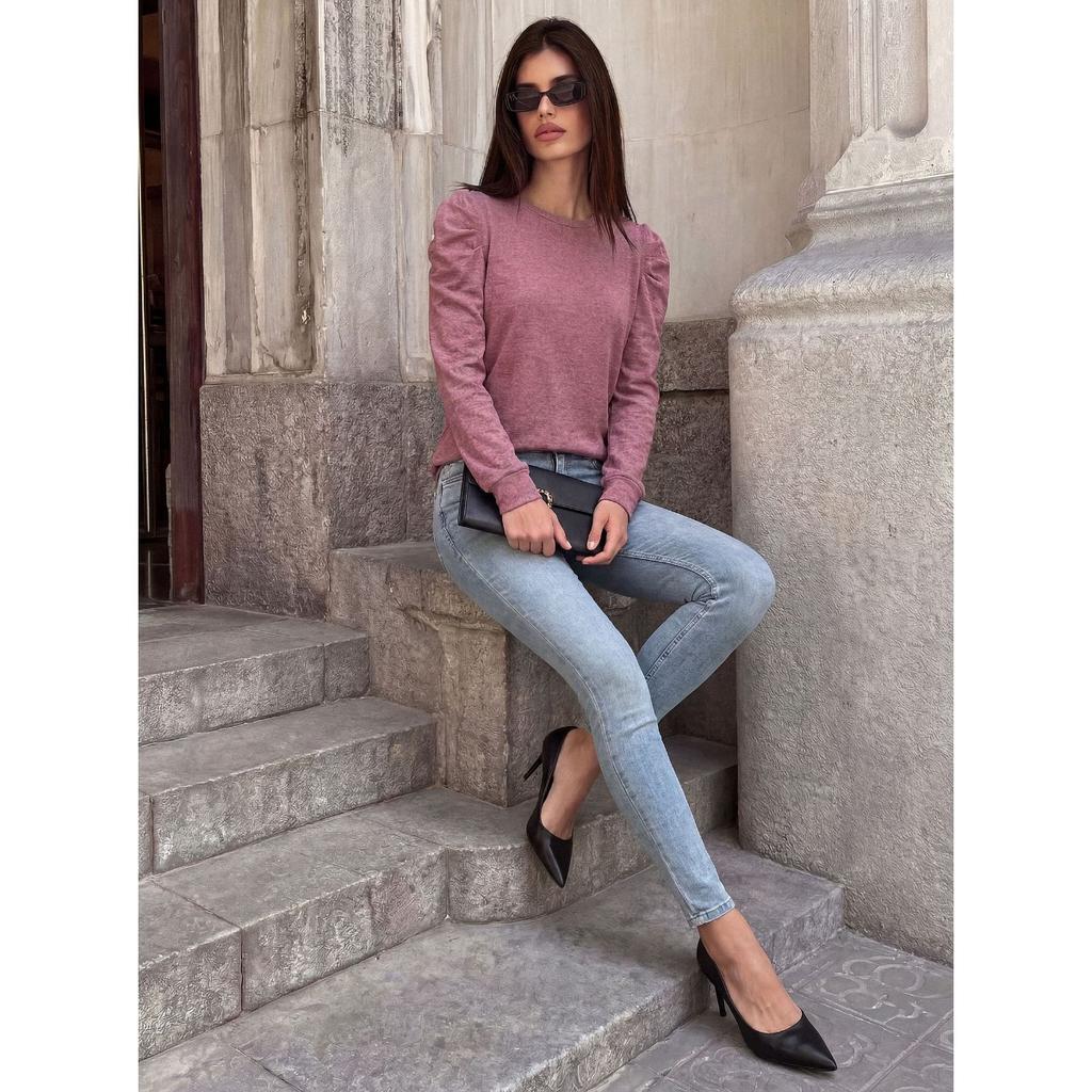 Fall Winter Women's Solid Color Loose Crew Neck Pleated Long Sleeve T-shirt Top For Cross-border European American Trade
