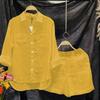 2 Pcs/Set Women Shirt Shorts Set Solid Color Loose Long Sleeves Elastic Waist Single-breasted Patch Pockets Irregular Hem Lapel Casual