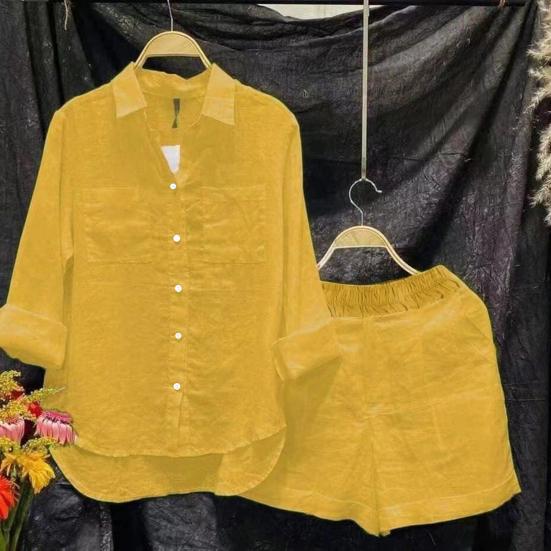 2 Pcs/Set Women Shirt Shorts Set Solid Color Loose Long Sleeves Elastic Waist Single-breasted Patch Pockets Irregular Hem Lapel Casual