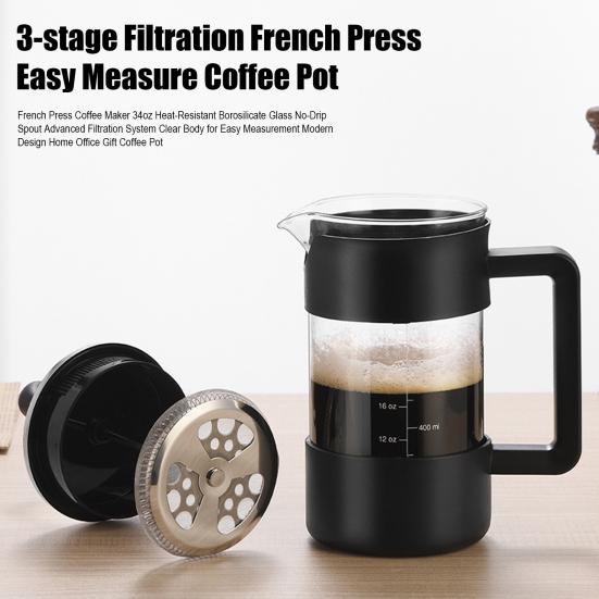 1000ml French Press Coffee Maker 34oz Heat-Resistant Borosilicate Glass No-Drip Spout Advanced Filtration System Coffee Press Kettle