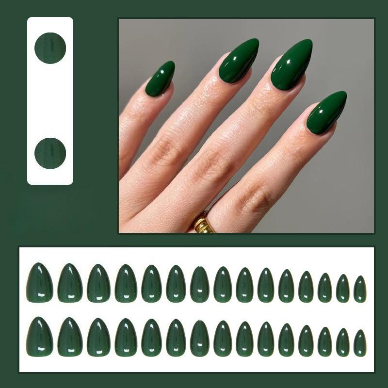 

30pcs Dark Green Wearable Nail Patches, Solid Color Fake Nails, Almond Nail Patches, Adhesive Style, Detachable Nail Patches
