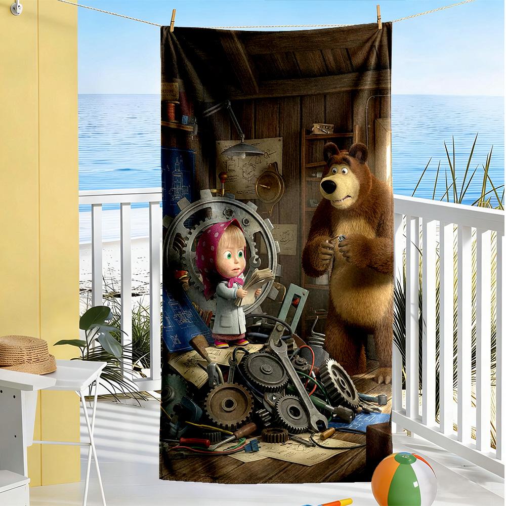 Masha Bear Beach Towel Quick-Dry Soft Microfiber Comfortable Lightweight Perfect for Traveling Yoga Camping and Swimming