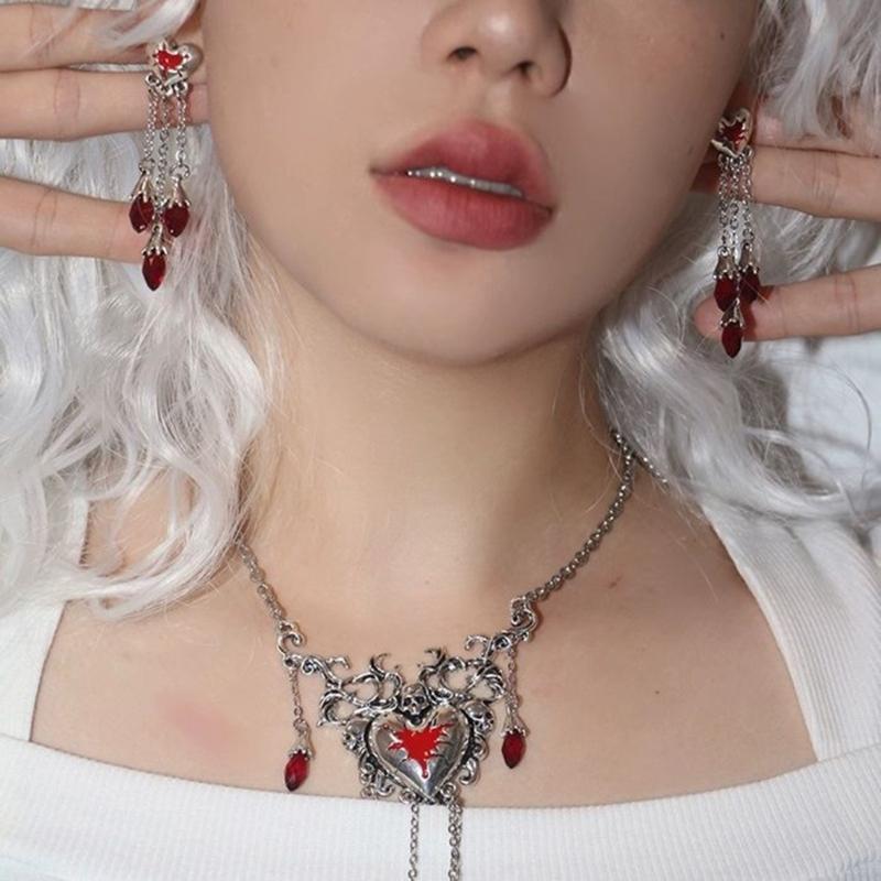 1 Set Niche Design Sense Red Dripping Diamonds Necklace Love Heart Earrings Halloween Christmas Fashion Retro Earrings