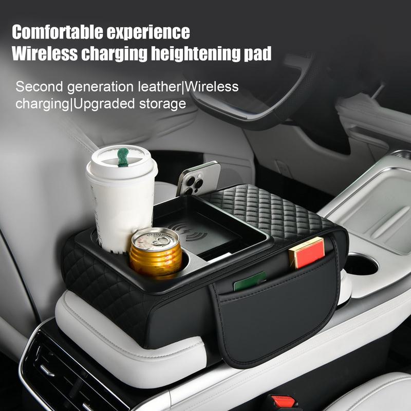 Car Armrest Mat Center Console Arm Rest Protect Cushion With Wireless Charging Phone Holder Cup Holder For Water Bottle Drinks