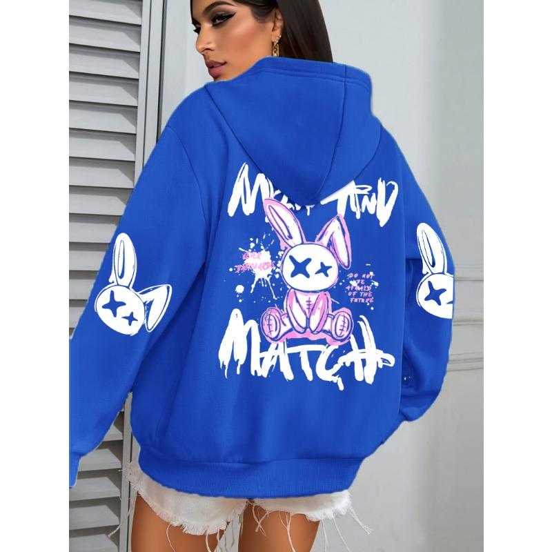 Mix And Match Cartoon Rabbit Prints Women Hoodie Pocket Streetwear Loose Hoody All-Match Fleece Female Clothing