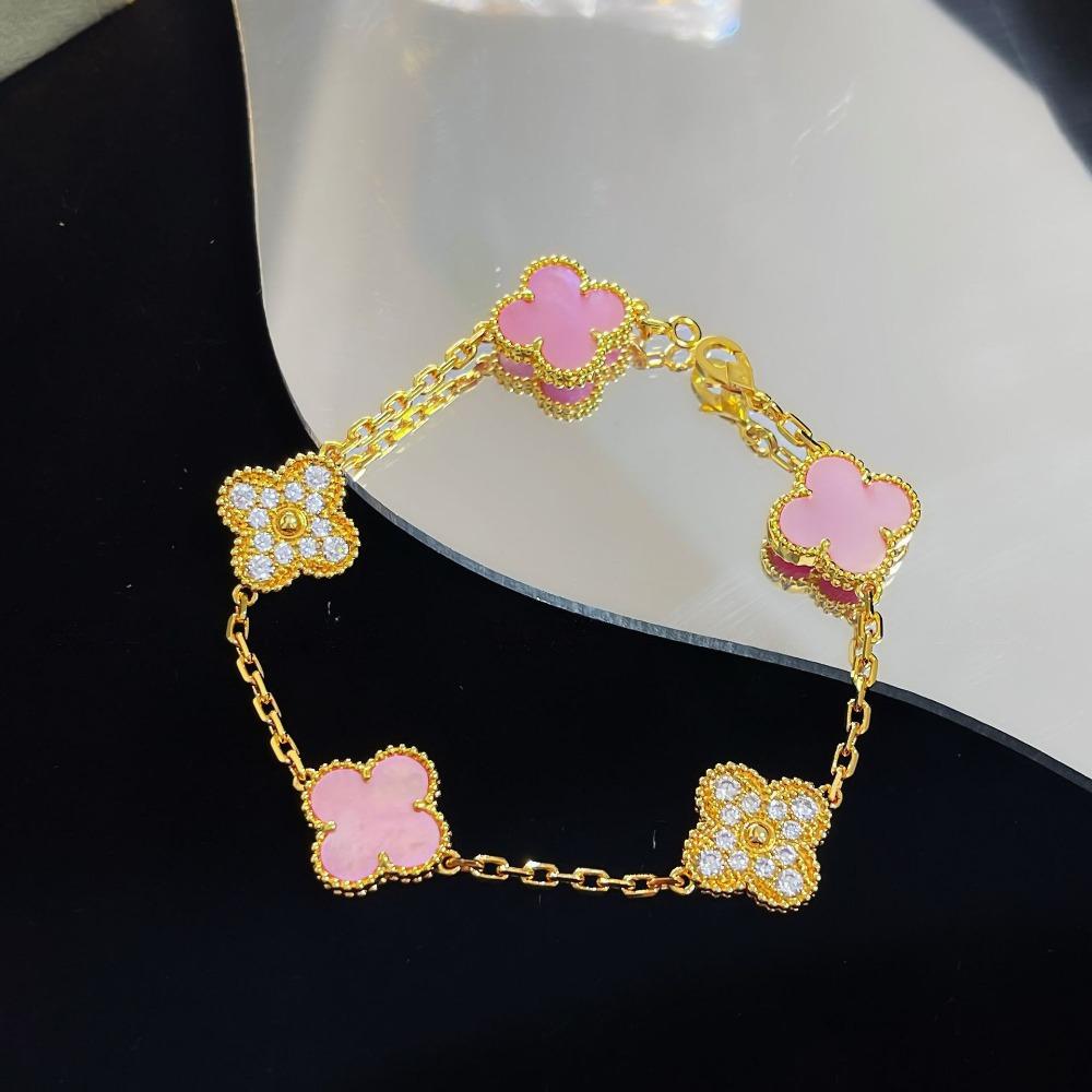 Bracelet Trèfle à Quatre Feuilles Version Haute Cinq Fleurs Calcédoine Violette Naturelle Gravé Laser CNC 18K Ne Se Décolore Pas Bracelet pour Dames