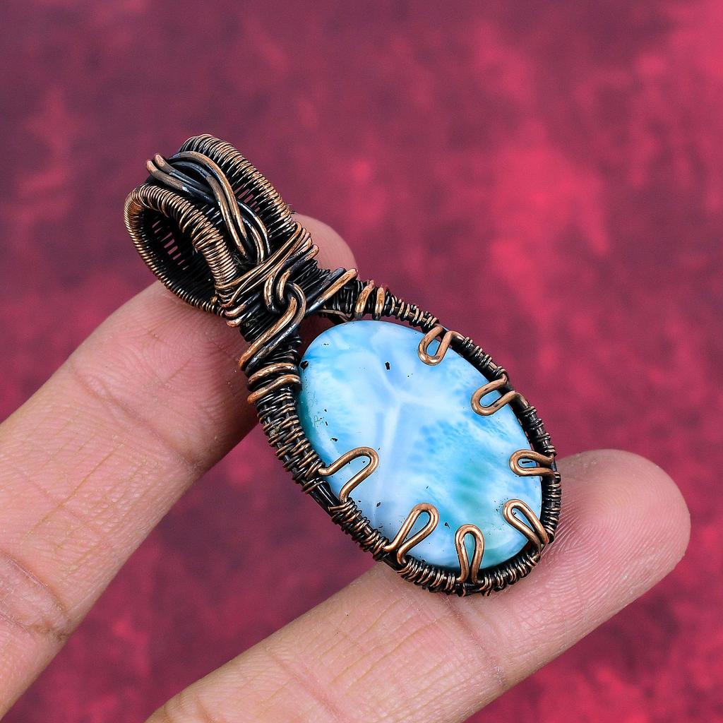 Larimar Pendant Copper Wire Wrapped Pendant Elegant Jewelry Handmade Pendant Copper Wire Wrap Jewelry Gifts for Her Genuine Gemstone Pendant
