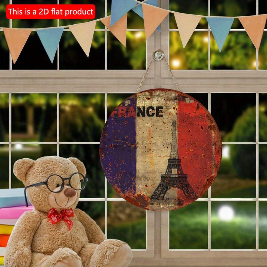 2D flat 20*20cm 1pc French flag&Eiffel Tower print round hanging wood board, Imitation of vintage paint-off style French Home Meditation Room&Housewar