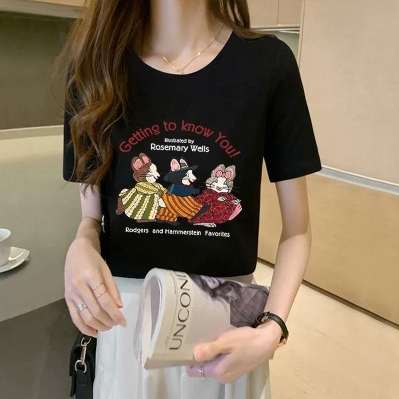 

Черная хлопковая футболка с короткими рукавами для женщин. Летняя новая модная и красивая футболка с рисунком на плече. Топ S