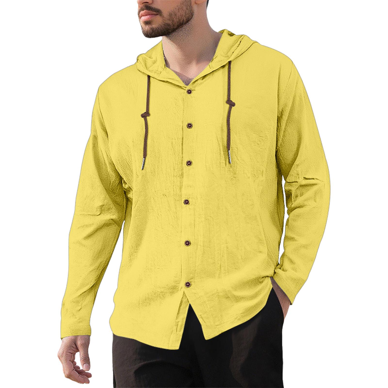 

Men s Casual Cotton-Linen Blend Hooded Button-Down Shirt XXXL жовтий