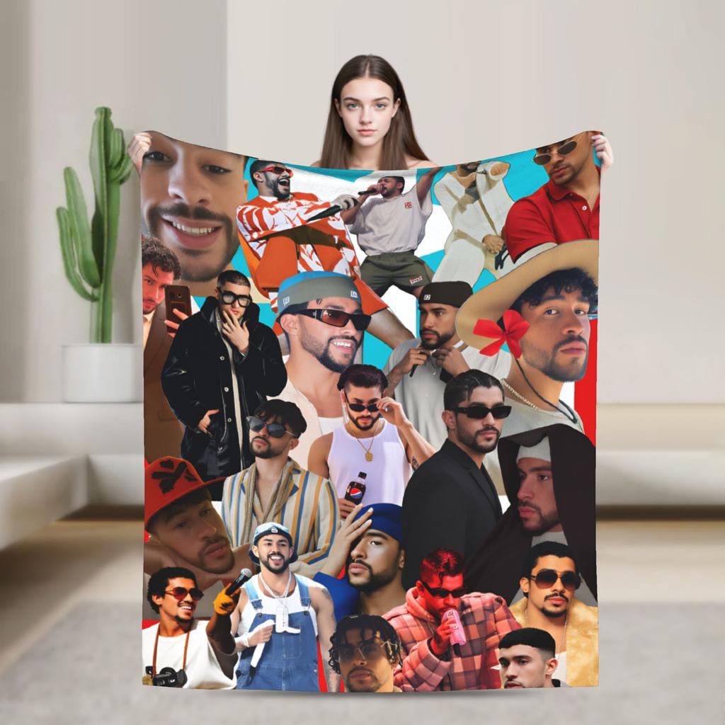 Zanger Bads Bunnys Deken Kwaliteit Warm Beddengoed Plaids Winter Picknick Buiten Grappig Sprei