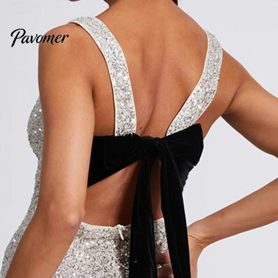 Slim Waist Design Dress Women Evening Prom Cocktail Party Sequin Mini Bow Backless Fit Sleeveless Round Neck Short for Actress Celebrity Lightweight