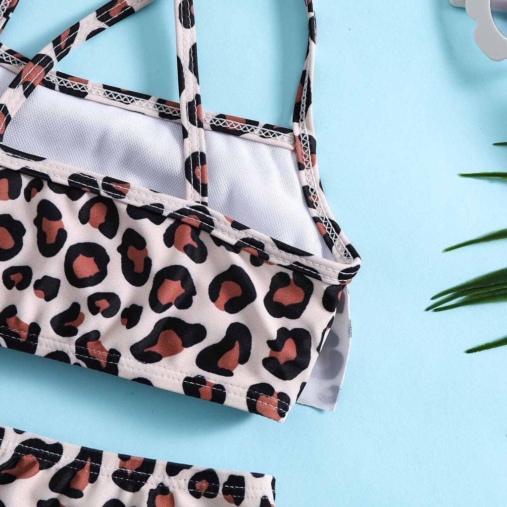Girls' Leopard Print Sporty Swimsuit Set - Split Sling Style