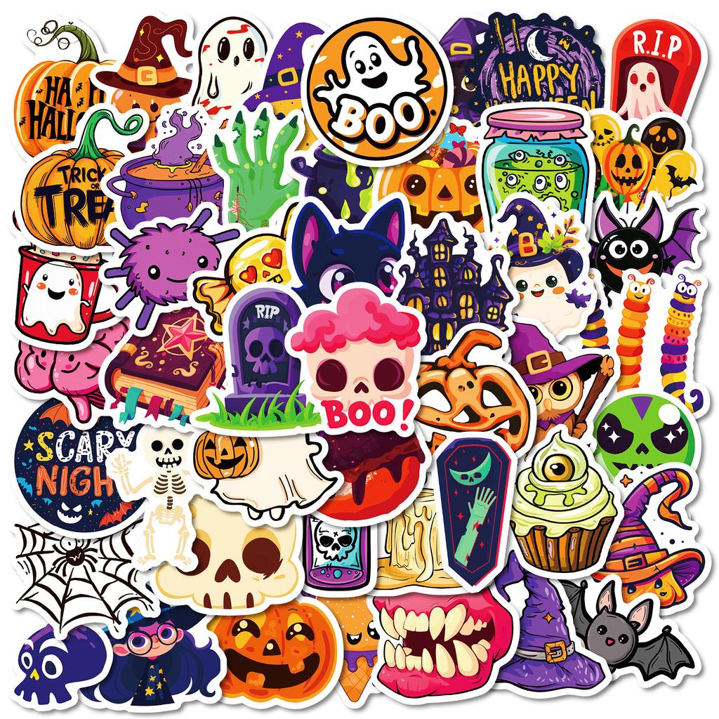 50pcs Halloween stickers featuring pumpkins, ghosts, and bats, perfect for waterproof DIY planner decorations gifts for kids