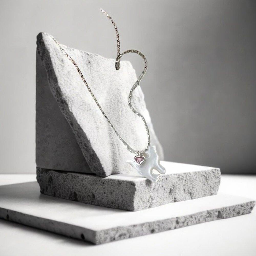 Women's 925 Silver Pink Heart Cubic Cat Necklace