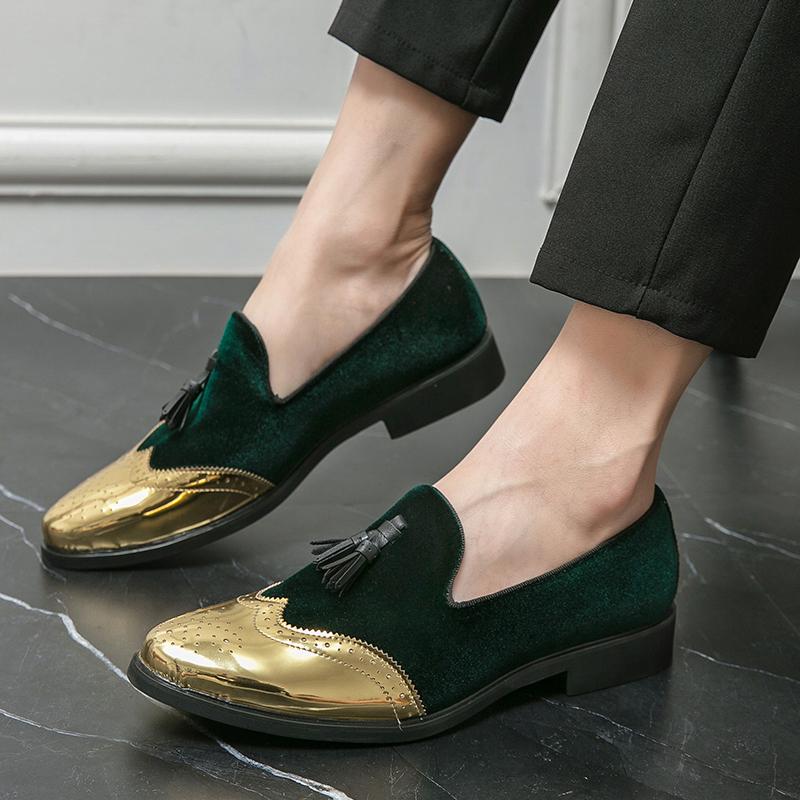 New Pointed Velvet Tassels Patchwork Oxford Leather Shoes For Men Luxury Designer Formal Wedding Prom Dress Homecoming Footwear