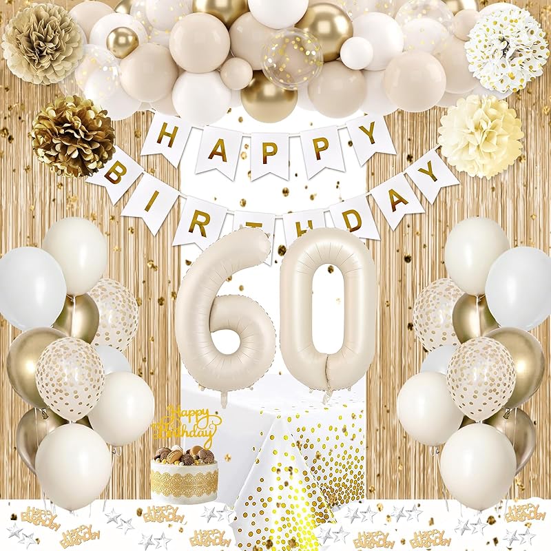 21st Birthday Decorations for Her, Happy 21st Bday Decorations White and Gold Balloons Happy Birthday Banner Tablecloth Fringe Curtain Cake Topper
