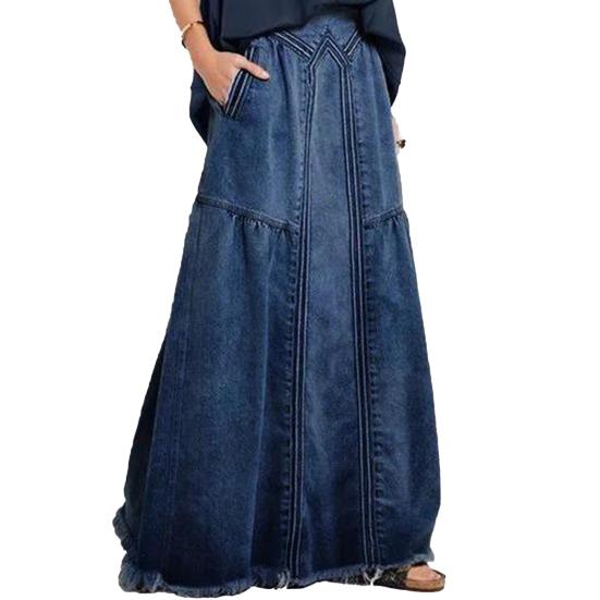 Lady Skirt Solid Color Elastic Waist Ripped Retro Loose Summer Skirt Daily Clothes