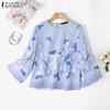 ZANZEA Women Casual Round Neck 3/4 Sleeve Loose Print Blouse
